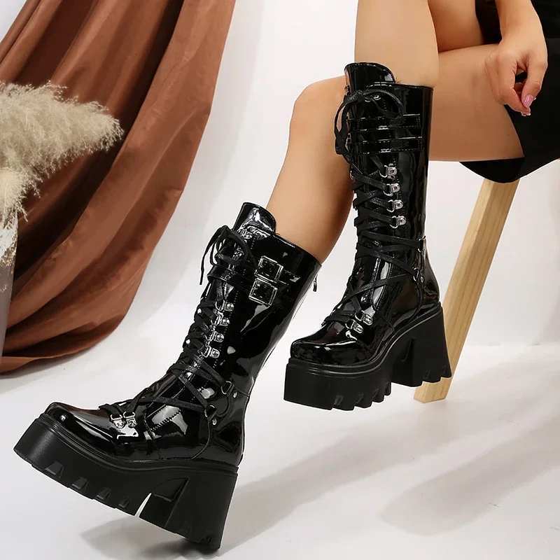 2024 baru Punk motor sepatu bot wanita kulit paten Wedges Platform pertengahan betis sepatu wanita renda Chunky Heel Gotik Botas Mujer