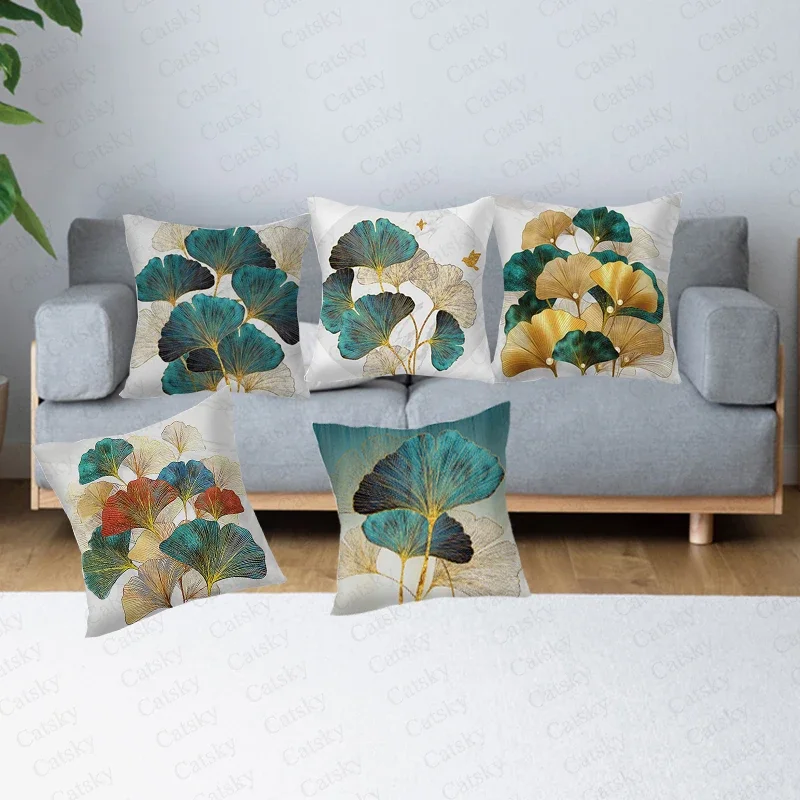 Ginkgo Biloba Polyester Cushion Cover Black Golden Leaves Waist Pillow Case Living Room Chair Sofa Home Decoration DIY 45x45cm