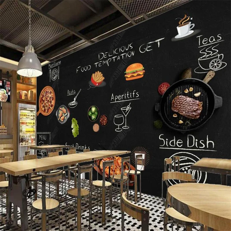 Custom Pizza Western Fast Food Restaurant Blackboard Graffiti Background Wall Paper 3D Steak Spaghetti Snack Bar Mural Wallpaper