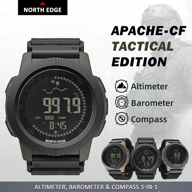 NORTH EDGE 2026 Apache-CF Men's Outdoor Sports Digital Watch 50M Waterproof Swimming Compass Altitude Barometer Wristwatch