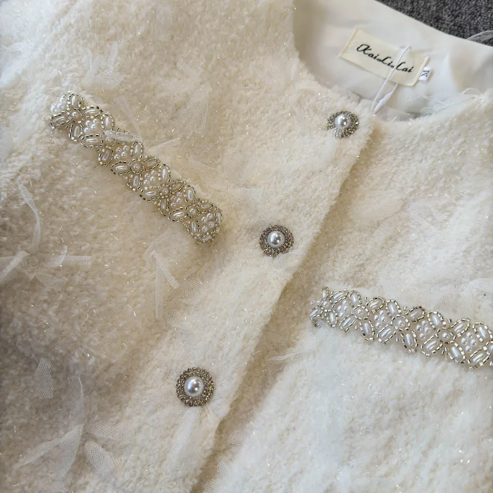 Autumn Winter Pearl Pocket White Fragrant Jacket Women Slim Fit Tassel Thickened Coats