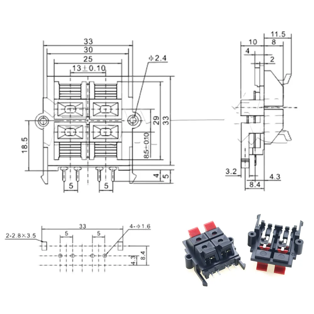 1 Piece WP4-15  Double Row 4 Positions Connector Audio Horn Wire Jack Socket WP4-15 Speaker Spring Terminal Switch Test Clip ﻿