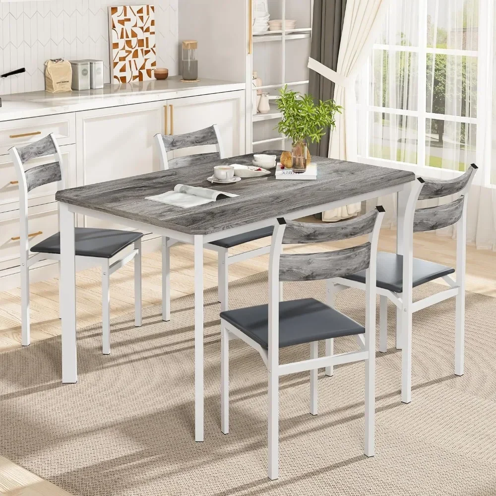 

Dining Table Set for 4, 43.3" Dining Room Tables with 4 Upholstered PU Leather Chairs, Modern Wood Kitchen Table and Chairs Set