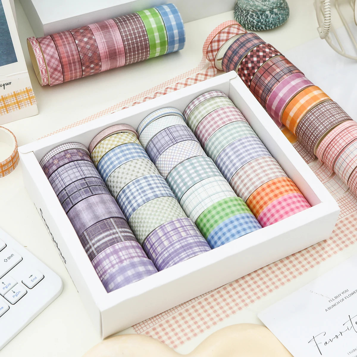 32 لفة/صندوق من شريط اشي منقوش ملون، مجموعة متنوعة من الشريط الزخرفي المنقوش ومواد تزيين الكتب، هدايا للأصدقاء