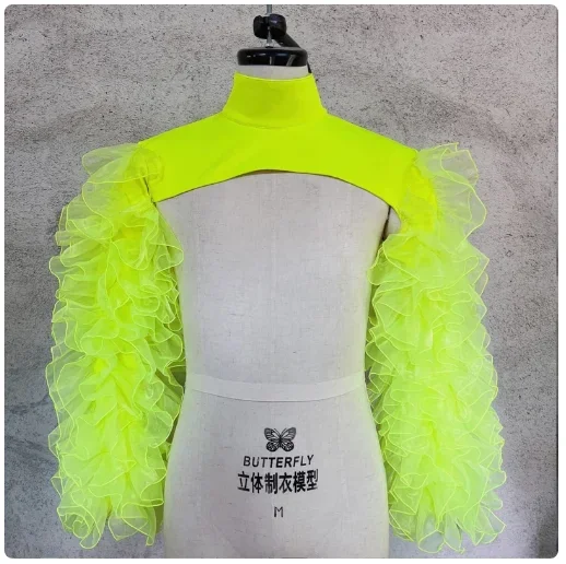 Bubble Sleeve Vest Sexy Women Jazz Dance Costume Bar Dancer Singer Stage Wear Half Tops fluorescent Rose Gauze Shawl Shoulder