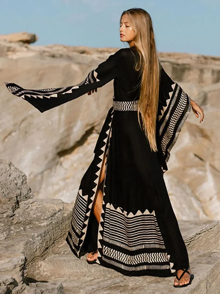 Bikini Cover Up Women Beach Cover-Ups Contrast Color Long Sleeve Summer 2025 New Fashion Lace Up Female Holiday Beachwear