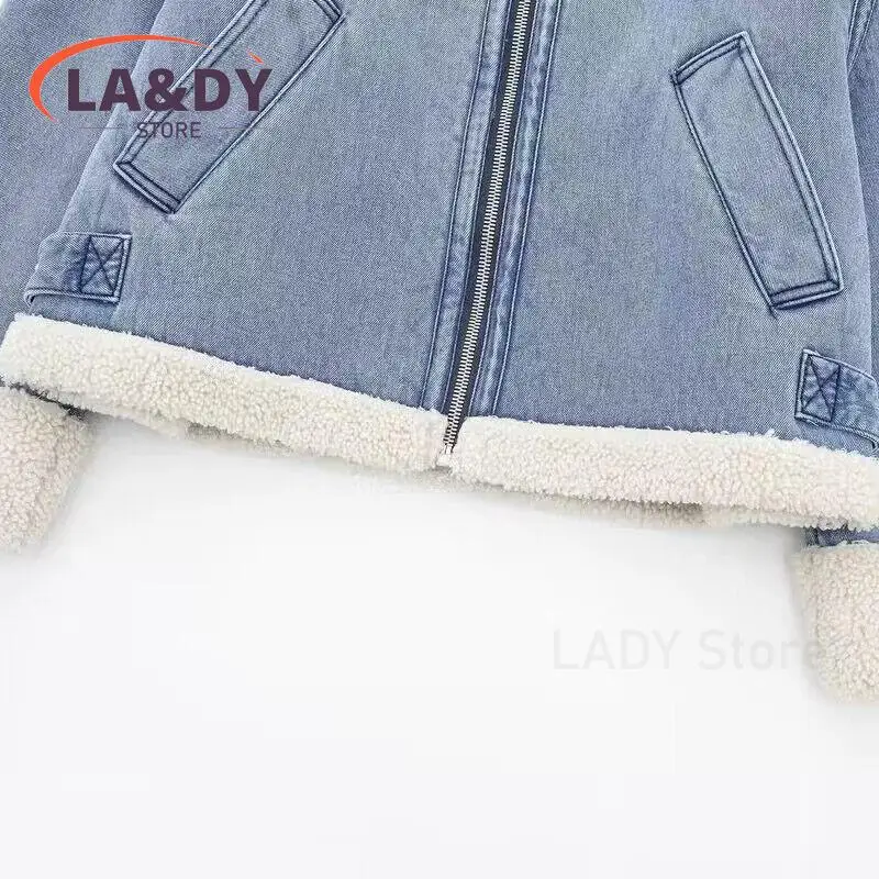 Winter High Quality Women Fashion Blue Denim Thick Lamb Jacket Coat Casual Zipper Warm Outwear Tops Female