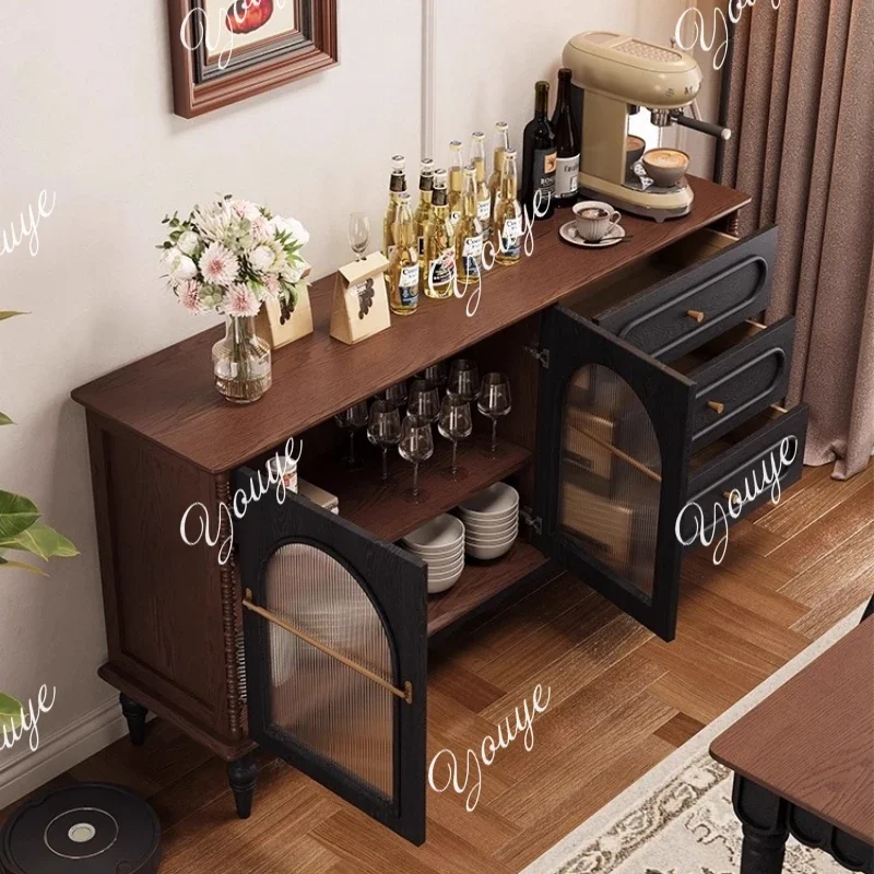 French Retro Solid Wood Dining Side Cabinet Household Small Apartment Glass Door Side Cabinet Medium Antique Living Room Storage
