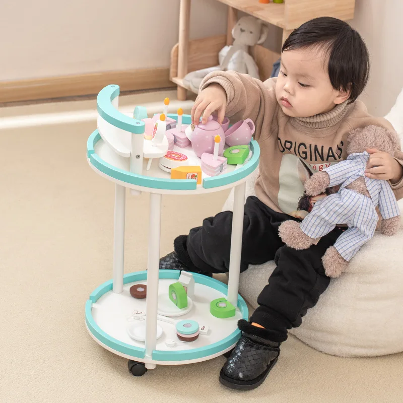 

Children's Toys Simulation Afternoon Tea Cart Set Miniature Food Doll House Accessories Girl Toys Montessori Wooden Social Games