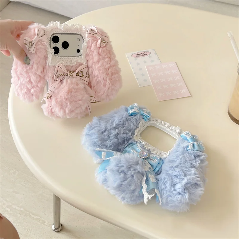 

Korean Cute Bow Plush Phone Case For iPhone 17 Pro 16 15 14 Pro Max 15Pro Cover Fashion Fluffy Lovely Protective Cases For Girls