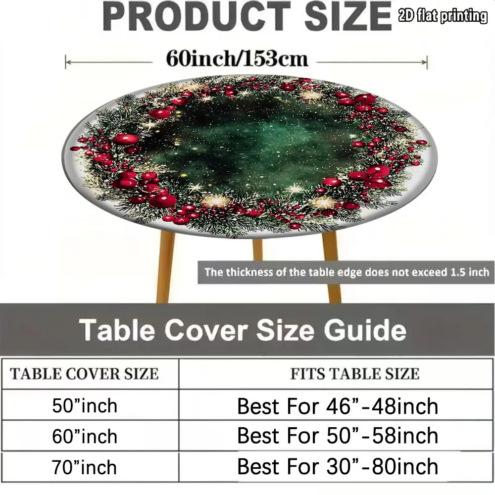 2D FLAT  1pc Elastic Round Tablecovers, Galaxy Center Surrounded By Festive Red Berries And Greenery  Ideal as Christmas Decor