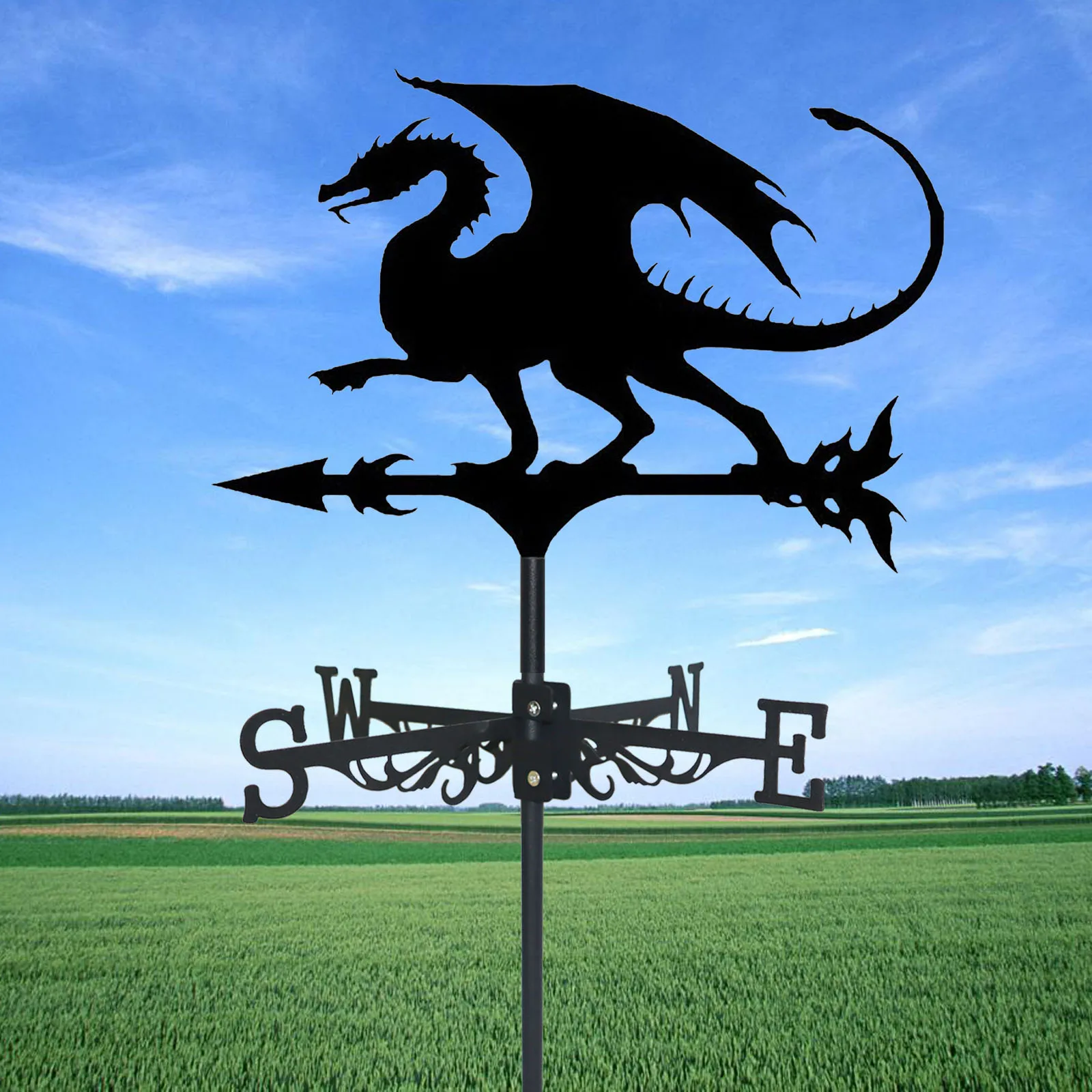 Flying Dragon Weathervane Silhouette Art Black Metal Wind Vanes Outdoors Decorations Garden for Roof Yard Building