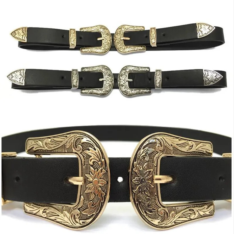 New Women Ladies Double Buckle Leather Belt Fashion Vintage Carved Double Buckle Cowhide Belt Gold and Silver Buckle Casual Belt