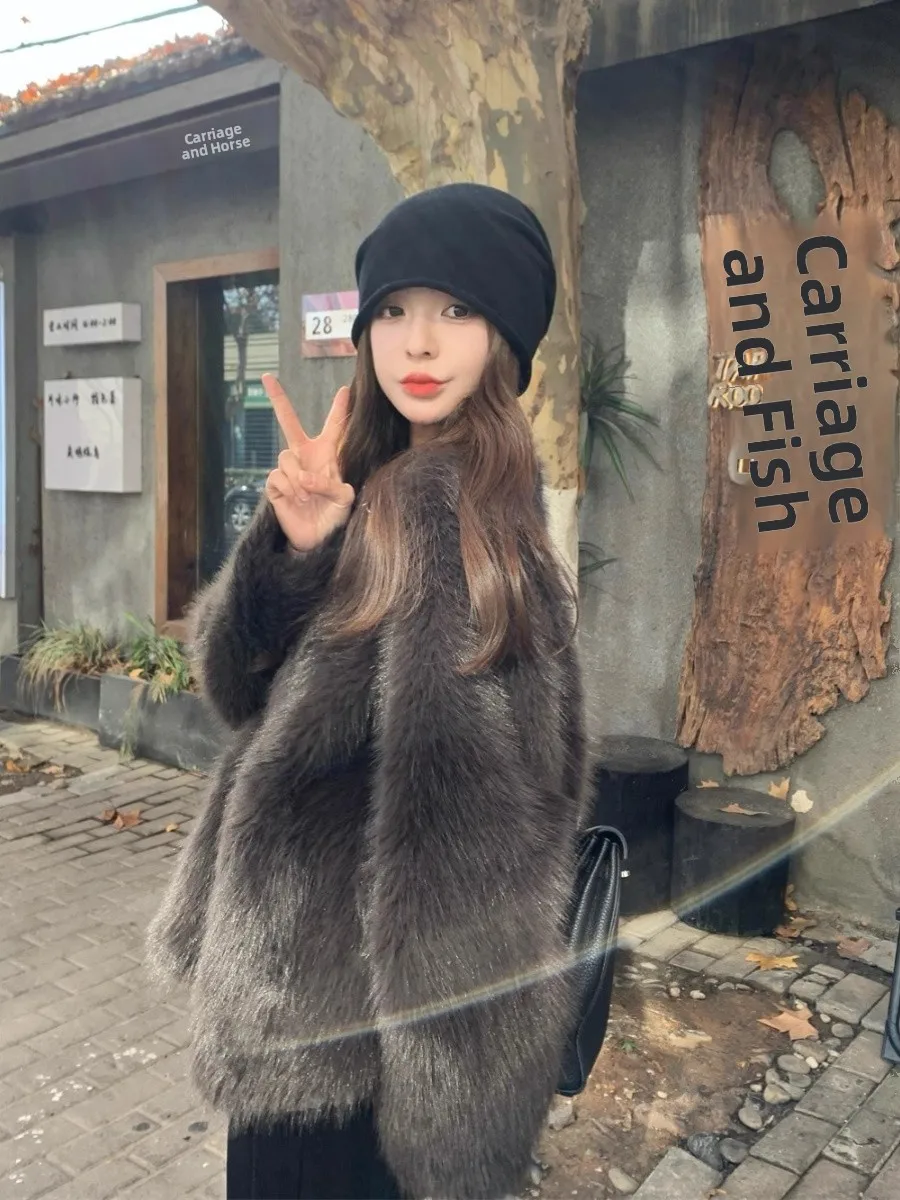 Cappotto in pelliccia sintetica ecologico da donna invernale Faion -Mimiing Hair Inteated Top in similpelle Marrone e sensazione premium