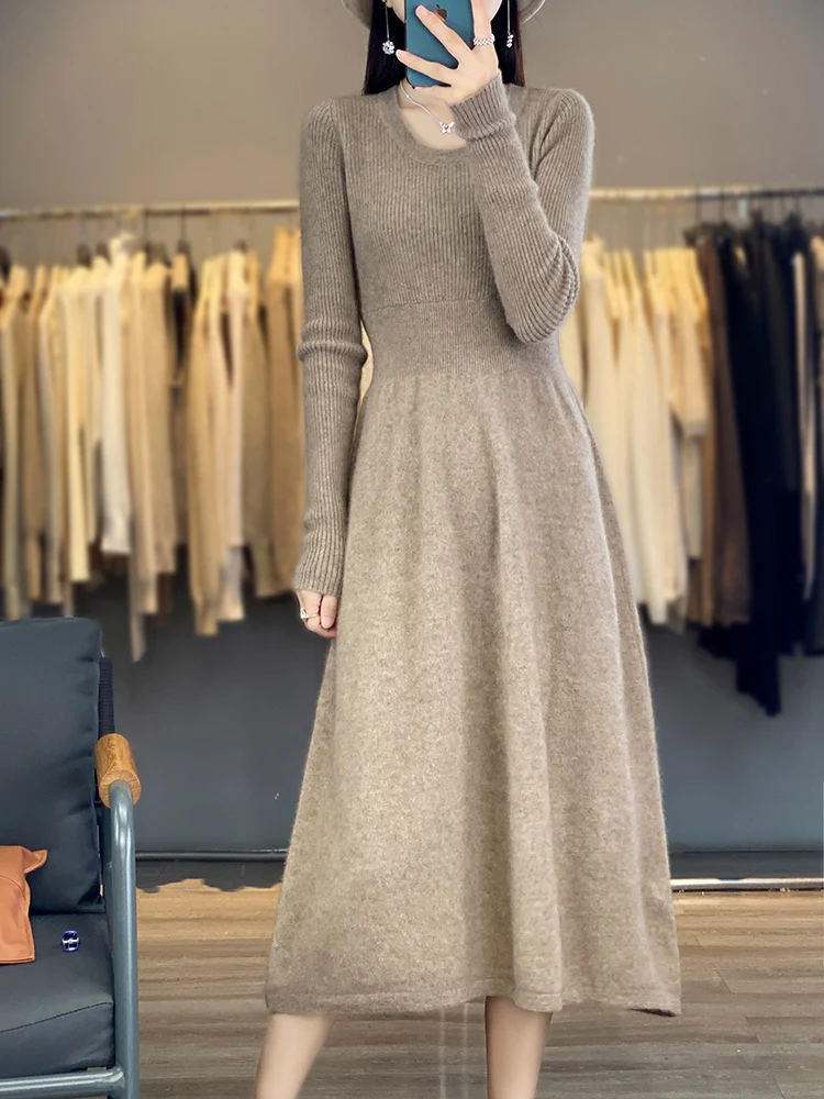 Autumn New 100% Wool Knitted Dress Women U-Collar Over Knee Hip Long Skirt Fashion Slim Sweater Loose High-Waisted A-line Skirts