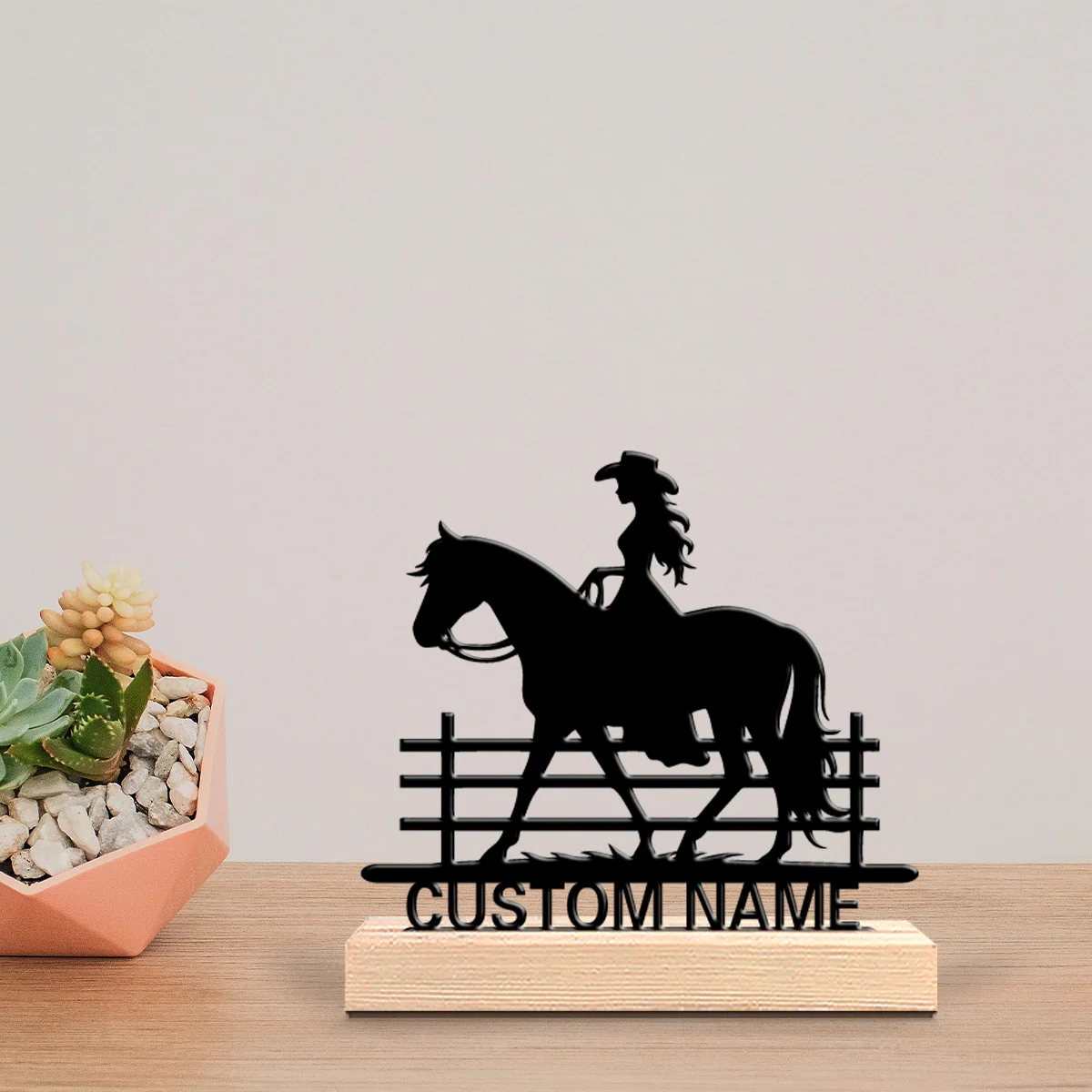 1pc Fashion Personalized Custom Cowgirl Riding A Horse Metal Statues Metal Art With Wooden Base Bedroom, Desktop Decoration, Vin