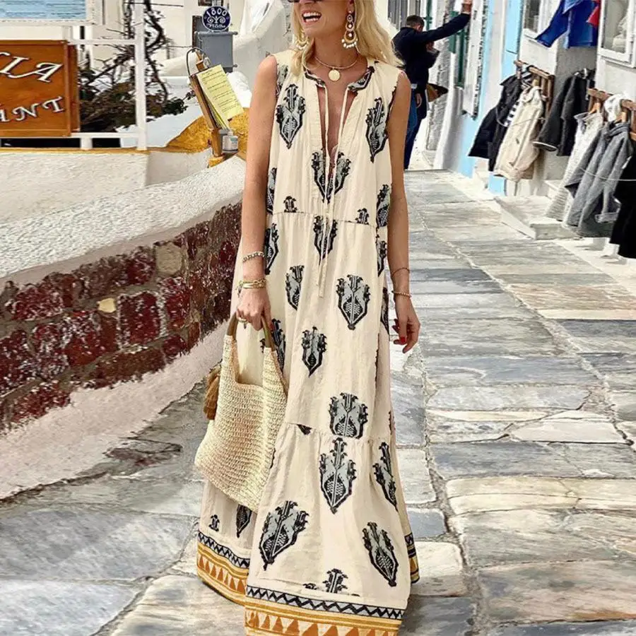 보헤미안 프린트 맥시 드레스 딥 V넥 민소매 여름 드레스 큰 사이즈 캐주얼 스타일 루즈핏 허리 트리아세테이트 섬유