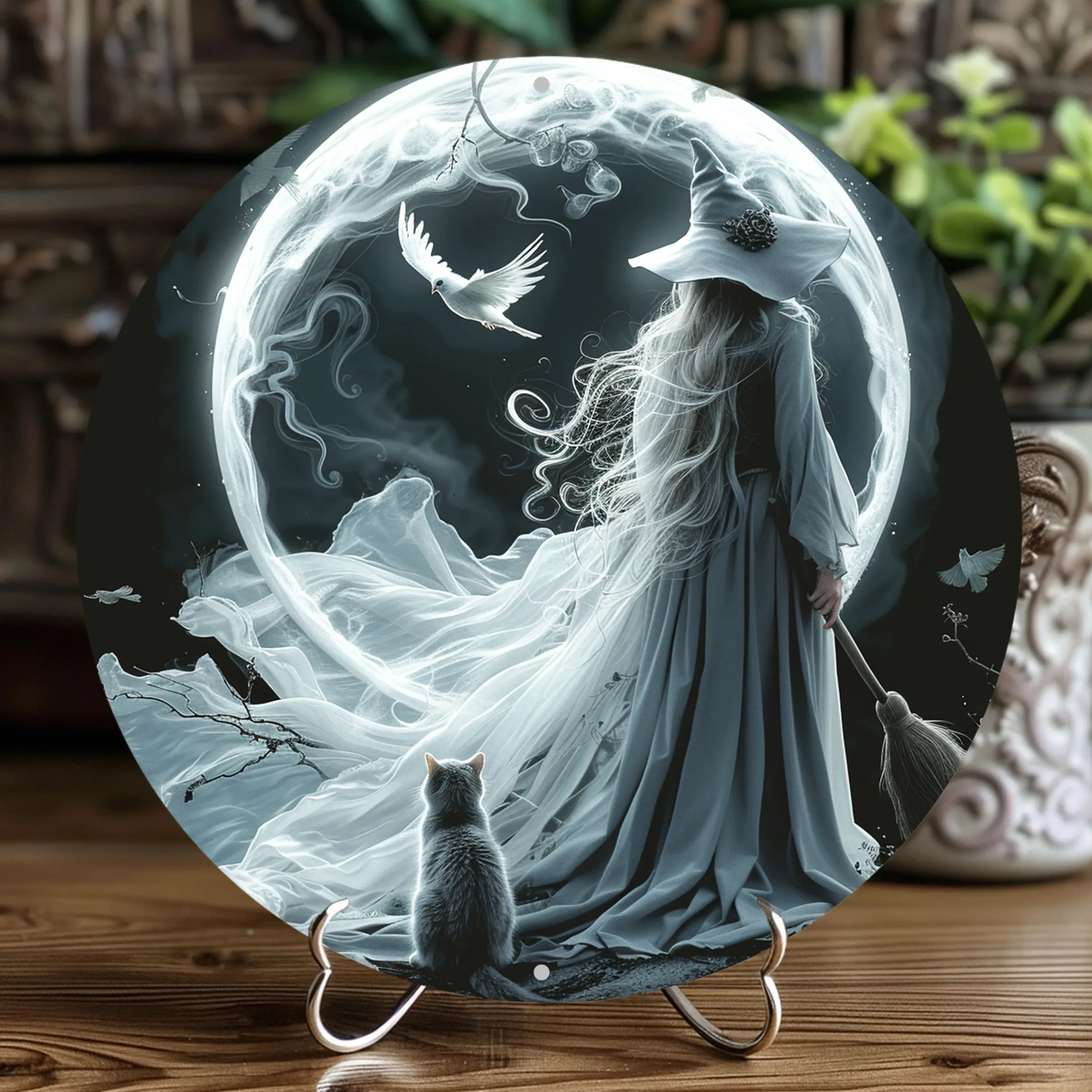 Pumpkin Halloween Witch Round Metal Aluminum Sign Art Desktop Decorative Plates for Bar Cafe Club Yard Home Office Wall Decor