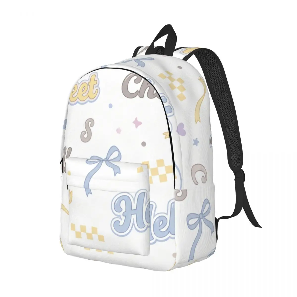 Lovely Cute Casual Backpack Tossed Hello Sweet Words Y2K Coquette Light Ground Cute Daypack for College Class Weekend Gift Teens