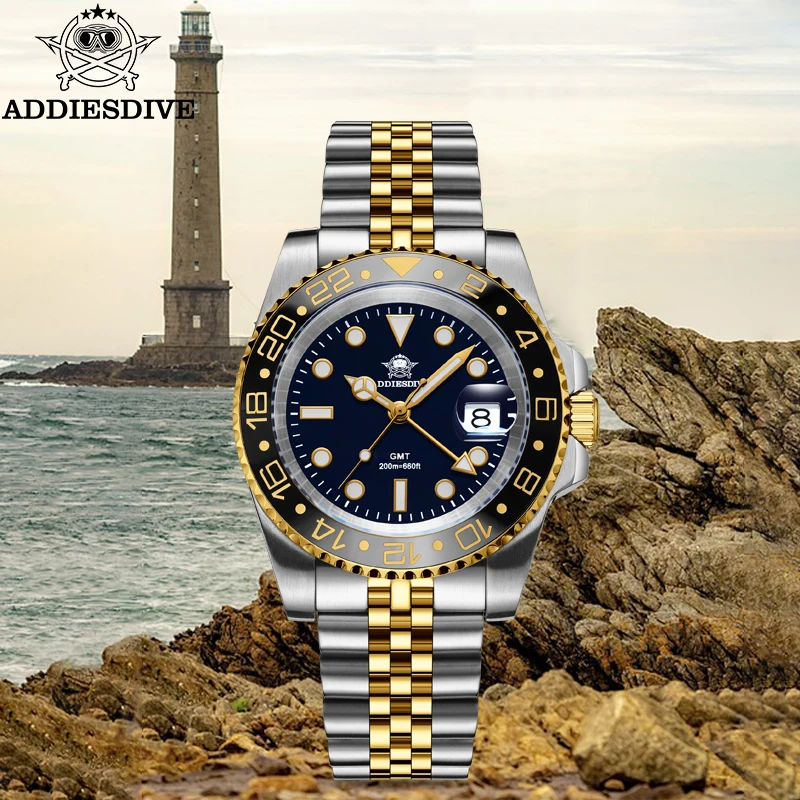 ADDIESDIVE Men's Watch Ceramic Bezel 316L Stainless Steel 200M Waterproof GMT Swiss Ronda 515-24H C3 Super Luminous Quartz Watch