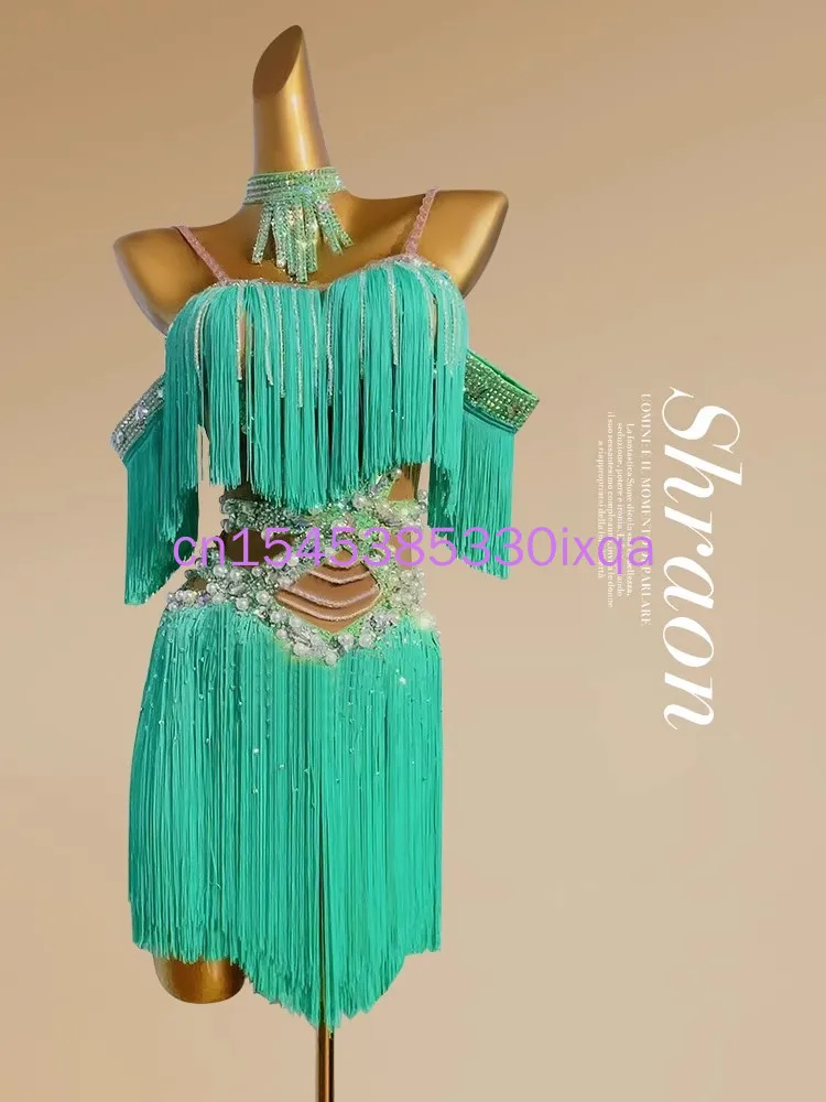 Concorso di danza latina Abito da piscina nero di fascia alta con diamanti personalizzati con giunture di perle Samba Performance Abbigliamento da donna