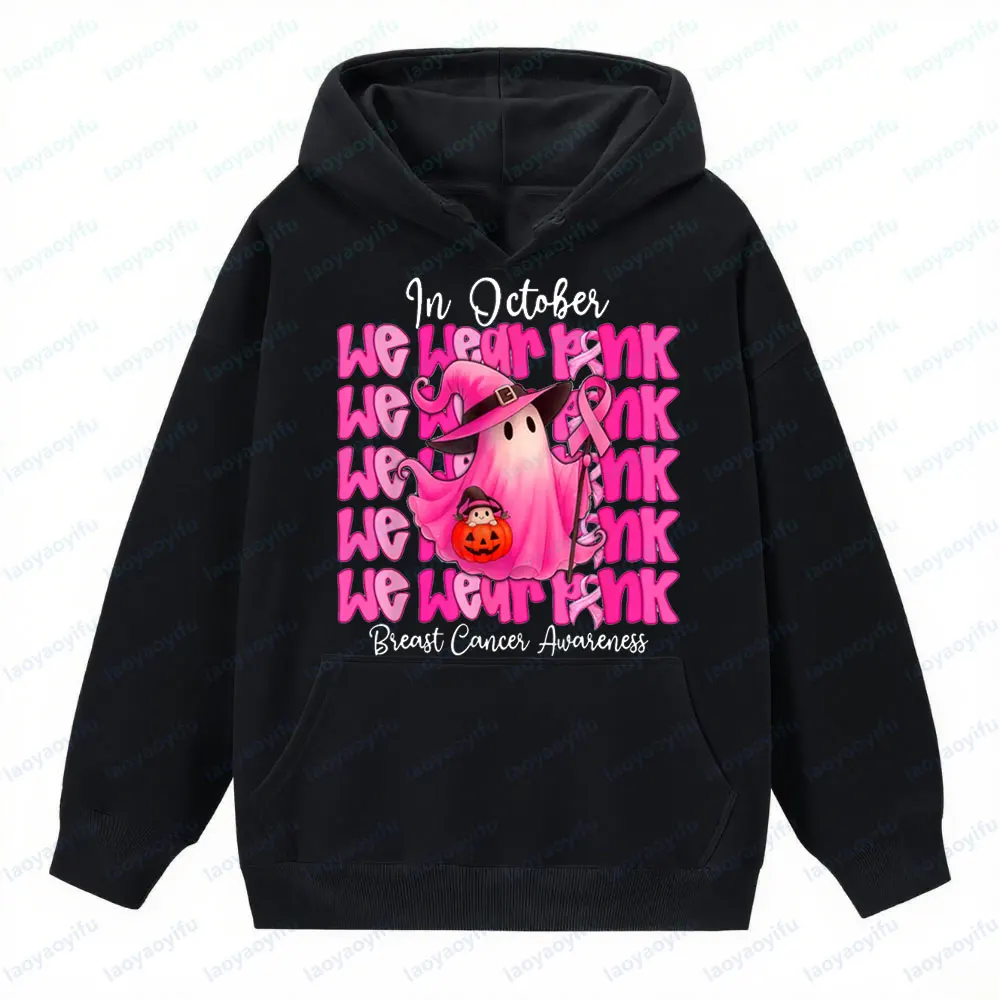 Borstkankerkleding in oktober Draag we roze sweatshirts Roze Halloween Ghost bedrukte tops Dames Vakantie Incentive-kleding