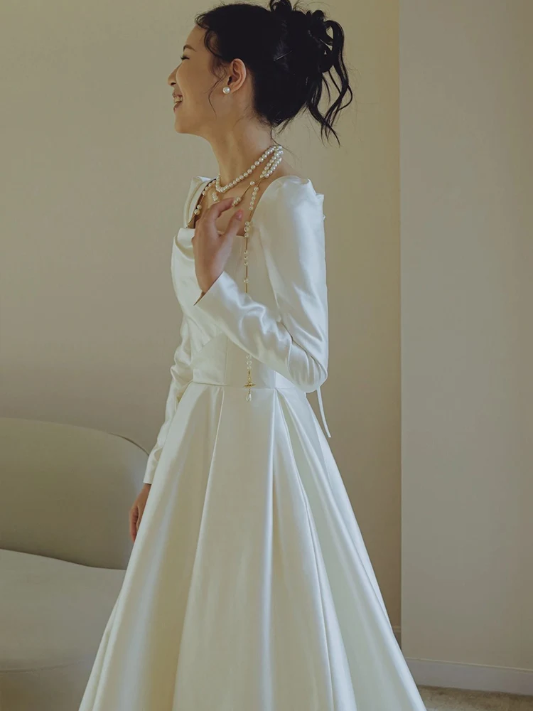 

Ele Simple White Wedding Dr Satin Long Sve Bridal Gown A-Line Skirt Mid-Waist Zipper Closure Hotel Indoor Wedding