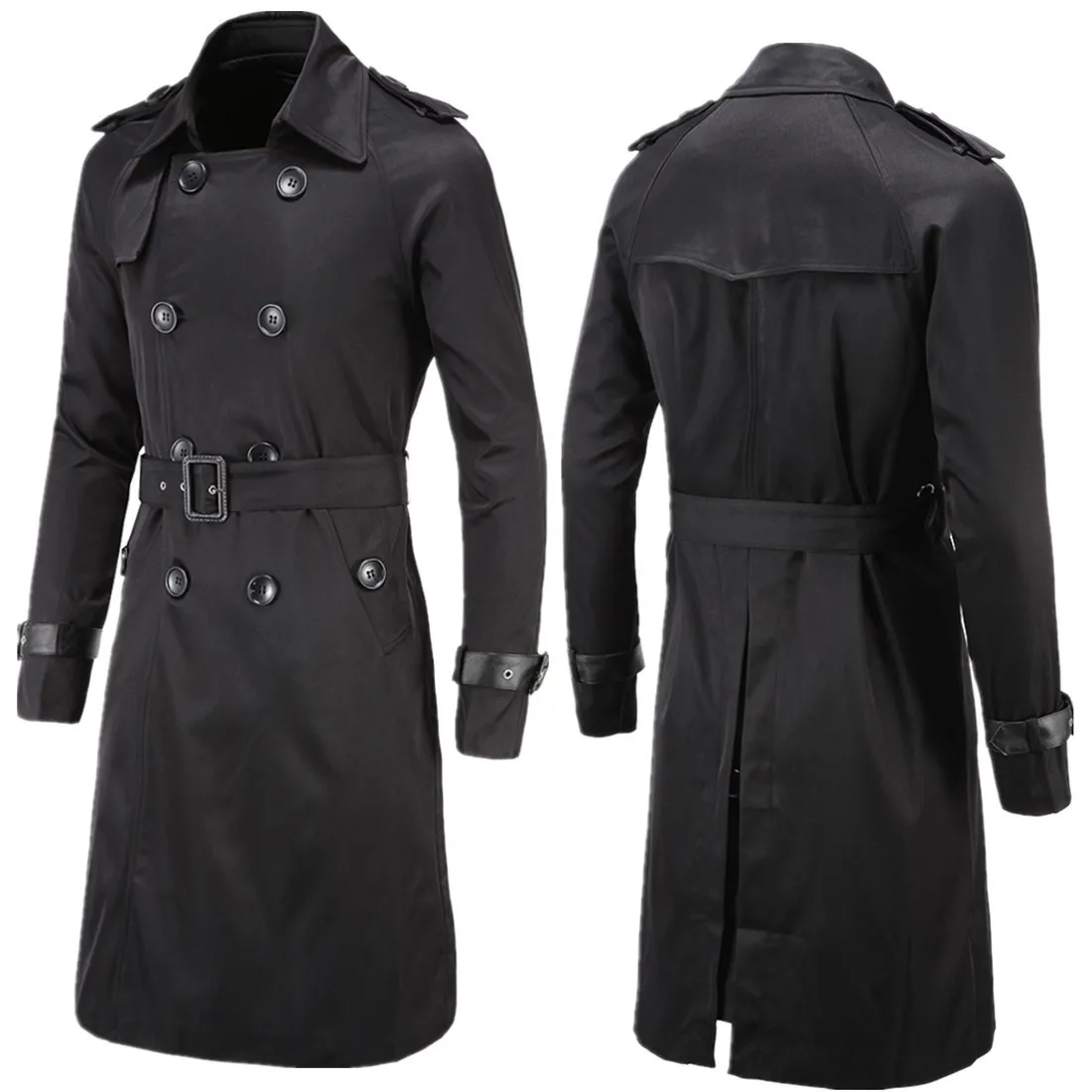 Mens Spring Autumn Windbreak Overcoat Long Trench Coats with Belt  Male Pea Coat Double Breasted Peacoat W03