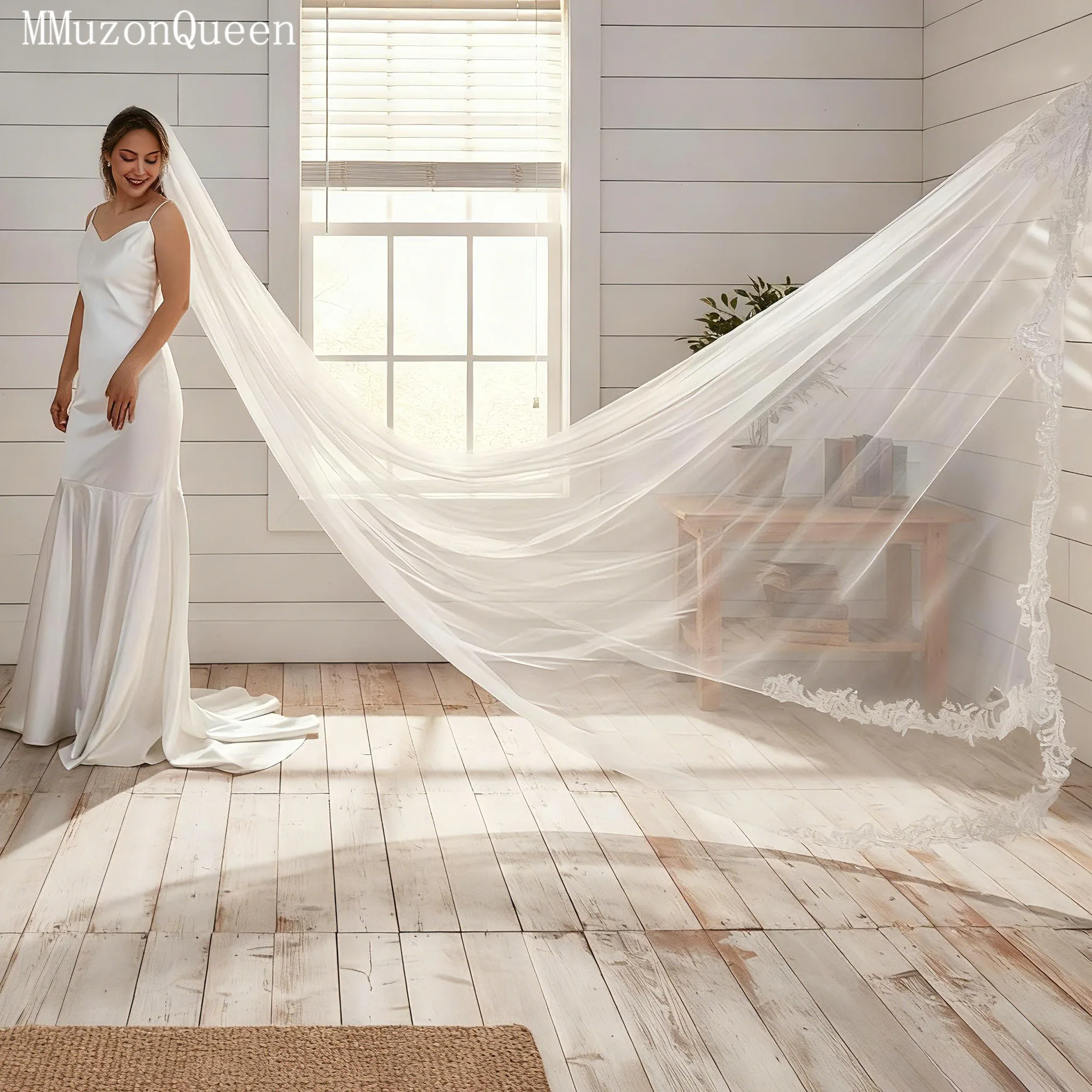 Topqueen sonhador véus de noiva comprimento catedral véu de casamento longo vieira renda guarnição edge1 camada mantilla española véu casamento v75