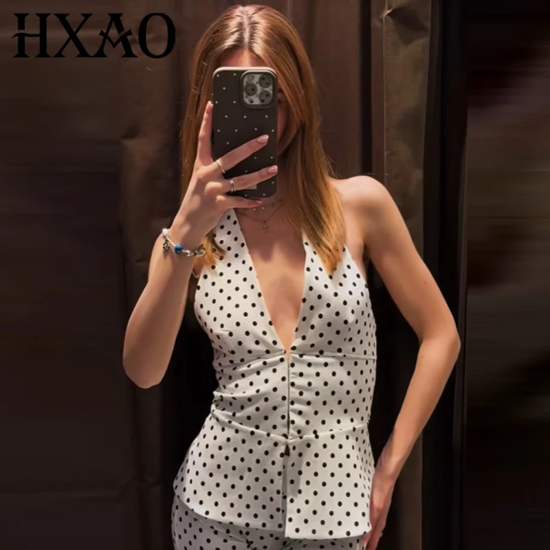HXAO Crop Halter Top Damen Sommer 2026 Lässiges Polka Dot Off-Shoulder Rückenfreies Top für Frauen V-Ausschnitt Schmal geschnittene ärmellose schwarze Weste