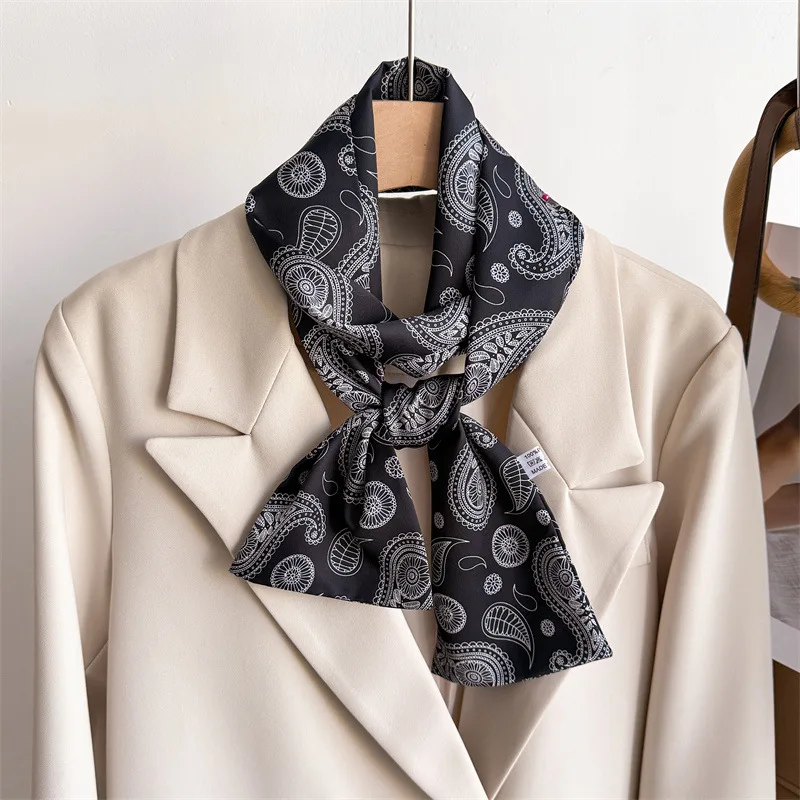 

Women Black Paisley Long Silk Scarf Headband Neckerchief Foulard Female Hair Scarfs Neck Tie Lady Skinny Scarves Soft Satin