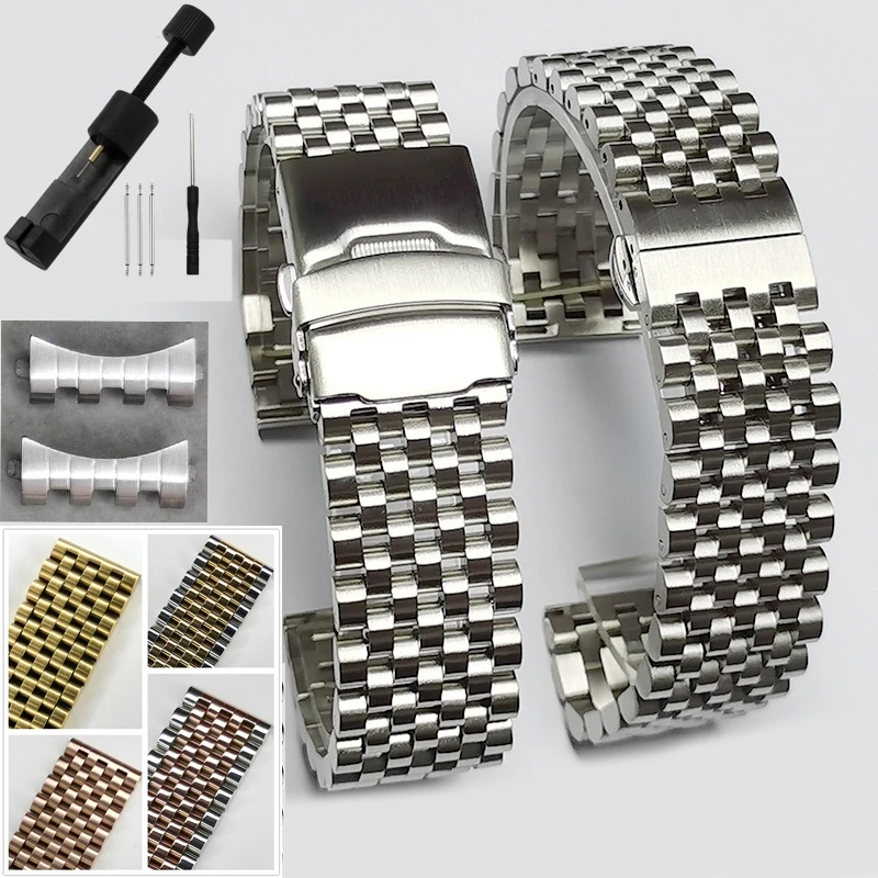 20mm 22mm Solid Stainless Steel Metal Bcacelet 7 Beads of Rice Arc-shaped Flat-end Watch Strap Universal Chain Matte Polish Band