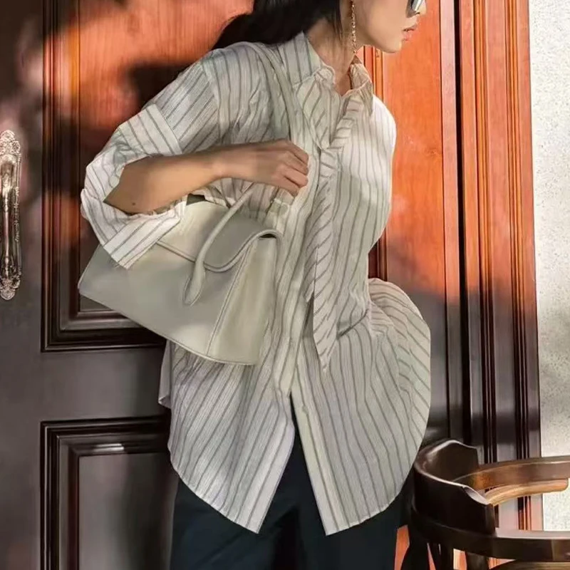 Autumn New Womens Fashion Shirt Striped Tie Button Design Loose Shirt 2025 Womens Workplace Casual Adaptation Shirt Trafizaran