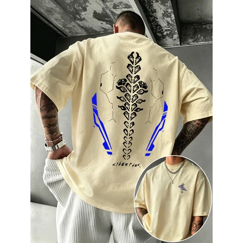 Mechanical Spine and Fluorescent Yellow Line Printed Men's T-shirt for All Seasons, New Casual Harajuku Style, Unisex