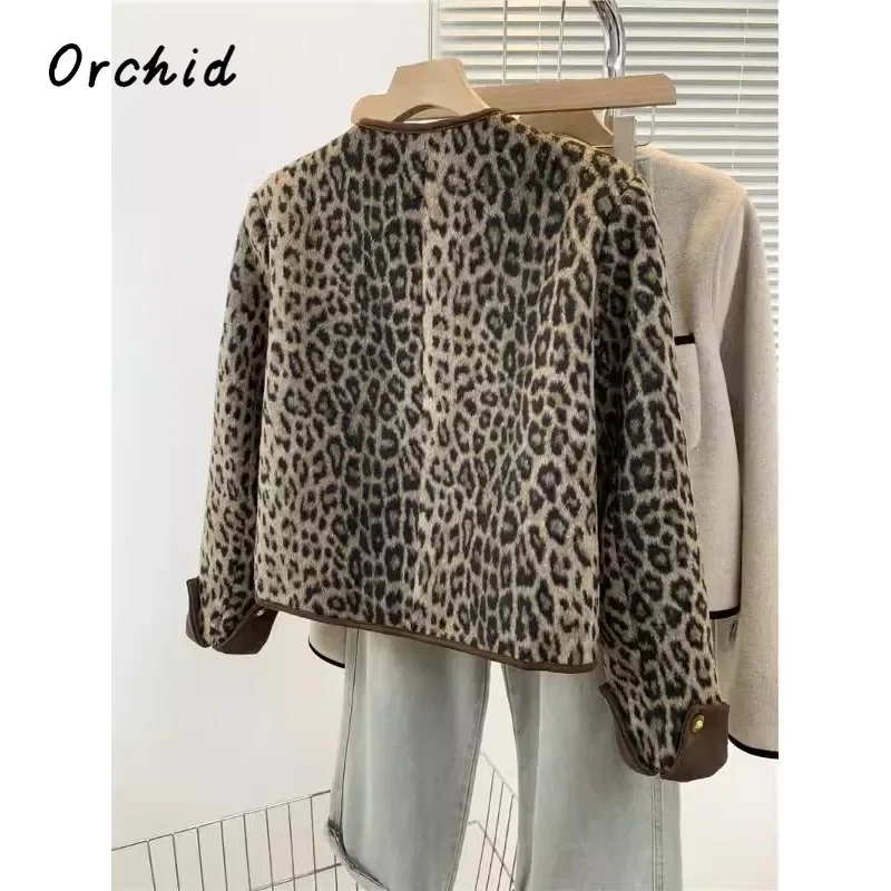 2024 Winter Female Vintage Single Breasted O-Neck Loose Jacket For Women Office Lady Fashion Luxury Leopard Print Short Coat image 3