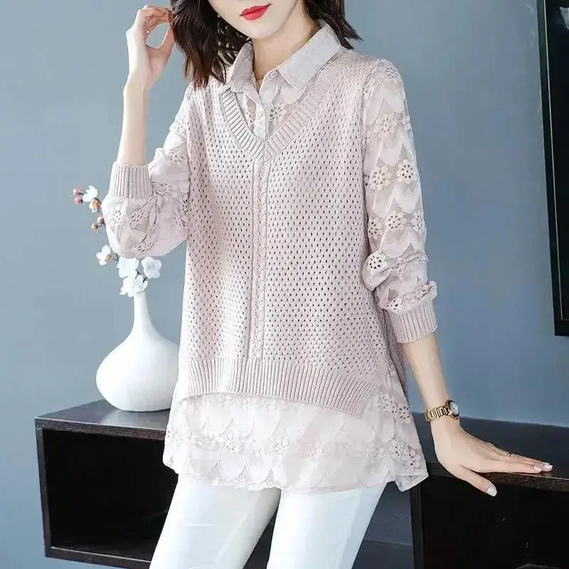 

Two Piece Set Spring Autumn Knitted Spliced Shirt Female Clothing Stylish Elegant Lace Hollow Out Casual Turn-down Collar Blouse