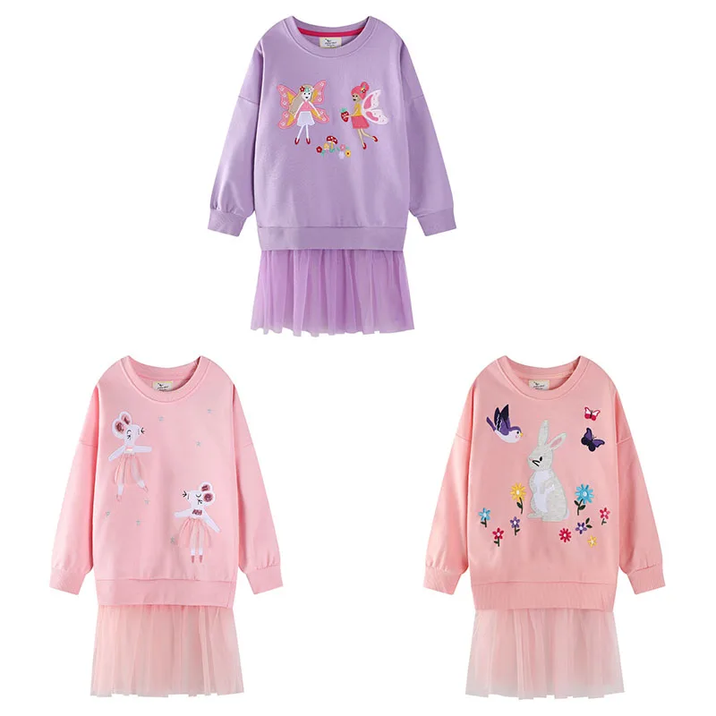 

Jumping Meters 2-7T Long Sleeve Girls Dresses Sweatshirts Dresses Fairytale Embroidery Cotton Autumn Children's Frocks