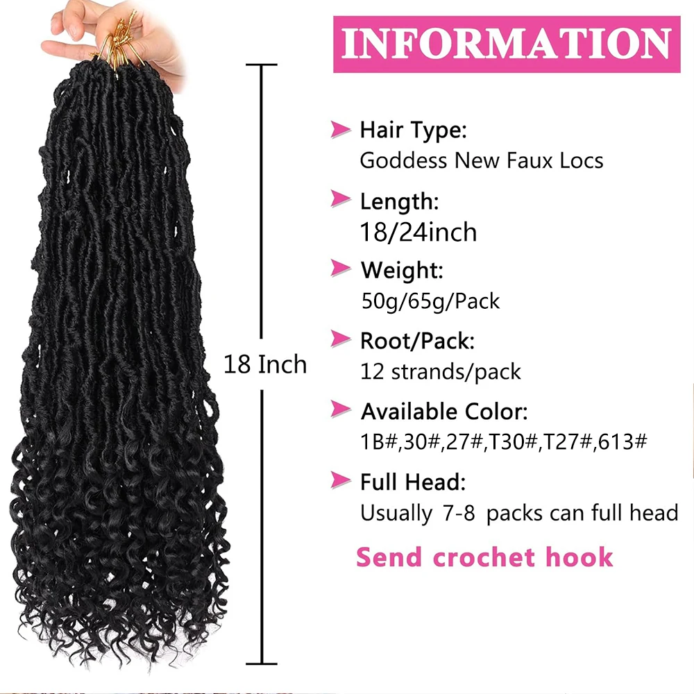 ผมถักโครเชต์ Goddess New Faux Locs 7 แพ็ค แบบ Pre-looped ผมลอนยาวนุ่ม ปลายหยิก ทำจากเส้นใยสังเคราะห์