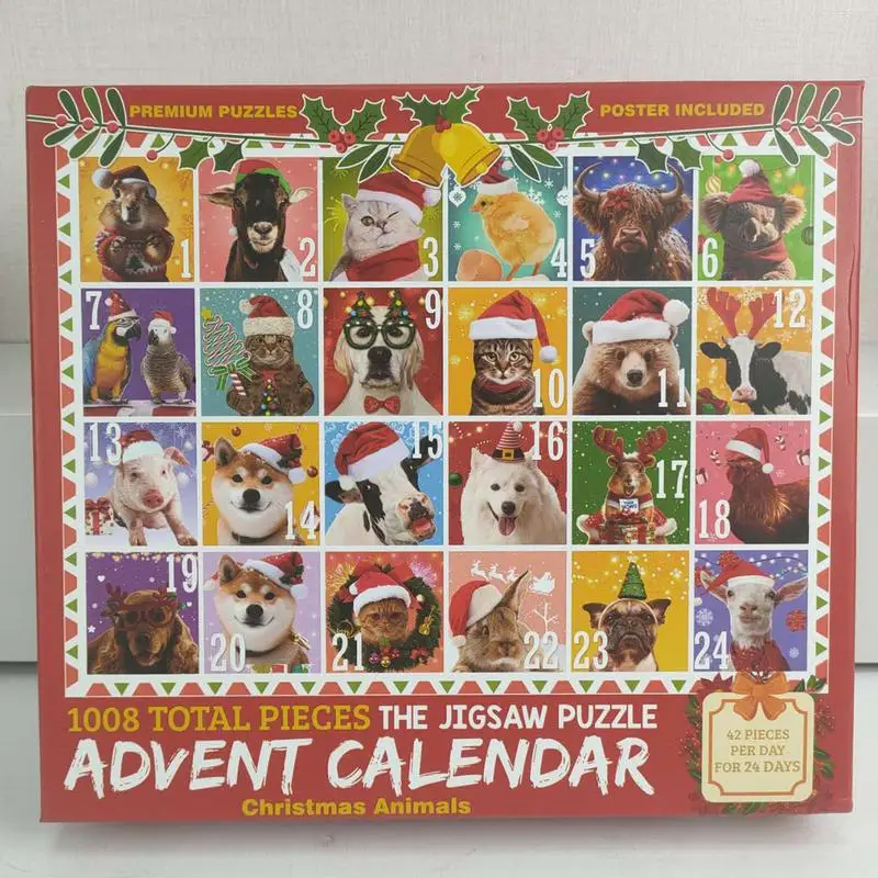 Small Animal Theme Christmas Advent Calendar 1008 Pieces Jigsaw 24 Days Christmas Countdown Calendar Puzzle for Kids And Adults