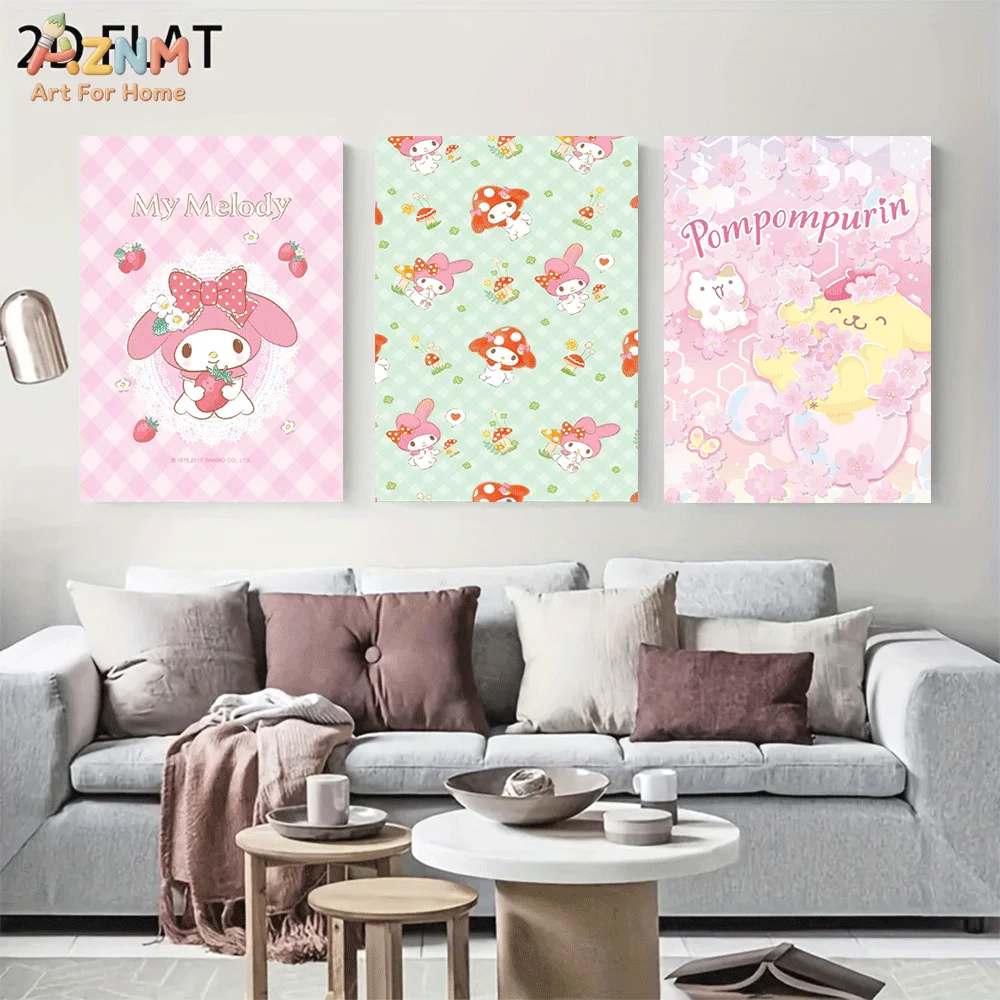 AZNM My Melody Pompompurin Frameless Canvas Wall Art, Strawberry Cherry Blossom Cartoon Poster, Kawaii 2D Flat Print for Home Be