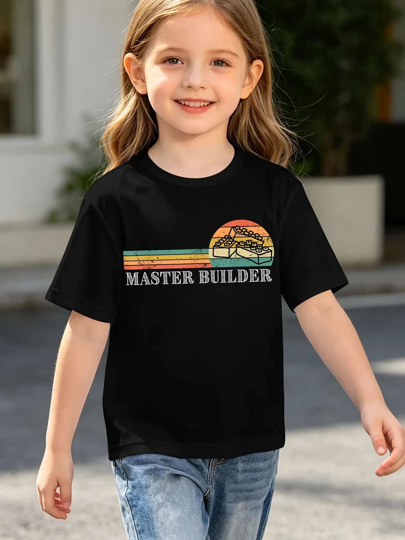 Vintage Striped Sun Brick Toy Master Builder Graphic T Shirt Boys Girls Short Sleeve Tee Family Matching Kids Casual Cotton Tops