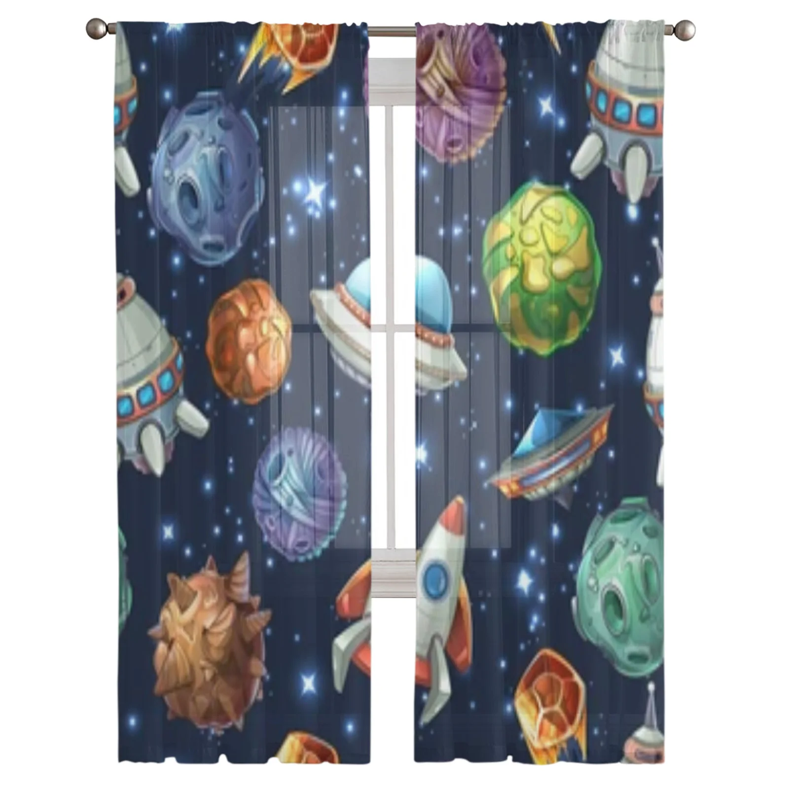 Rocket Cartoon Sheer Window Curtains For Living Room Bedroom Modern Voile Tulle Curtains Fabric Drapes For Kitchen