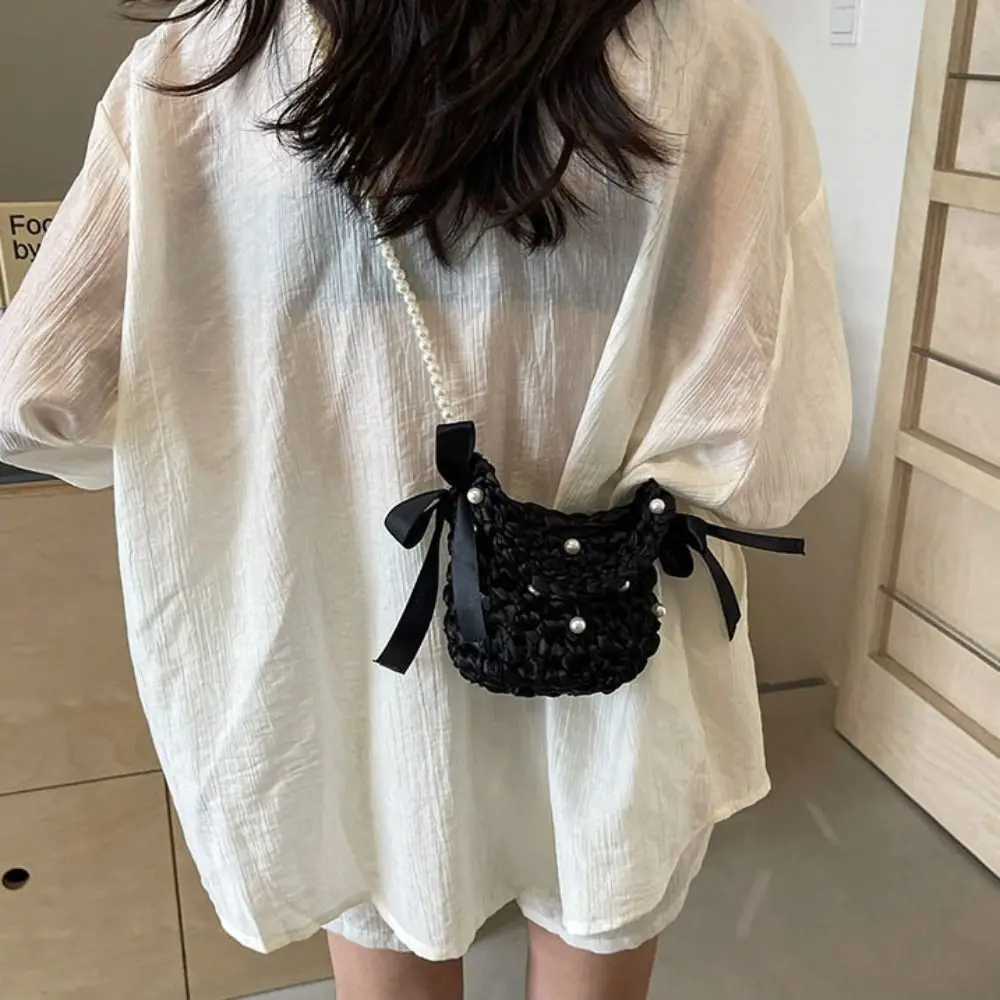 

Повседневная сумка с бантом, однотонная сумка на плечо с полым жемчугом, сумка-ведро в деревенском стиле, пляжная сумка для отдыха