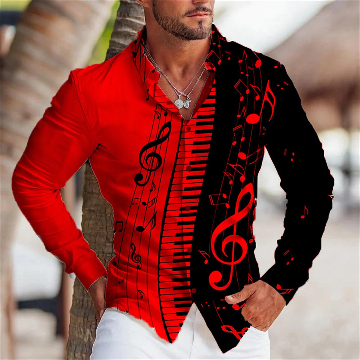 Camicia da uomo estiva 2024 con colletto stampato con motivo simbolo dello strumento musicale, Cardigan, camicia Casual da strada monopetto