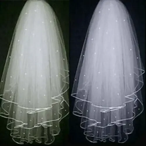 

Looking White\Ivory 3 Layer Wedding Veil Elbow Satin Edge Bridal Pearls Comb