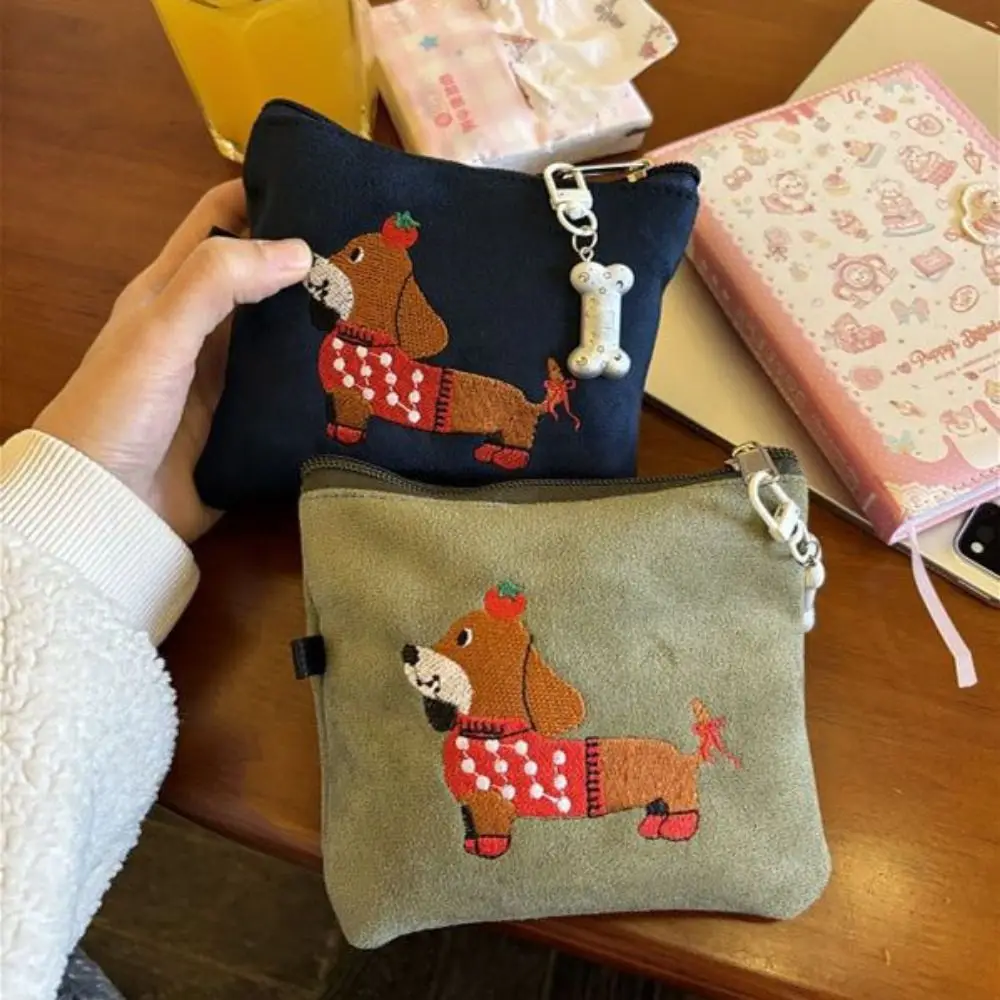 Coin Purse Mini Storage Bag Embroidery Sausage dog Canvas Waterproof Lightweight Earphone Key Portable Zipper Purse Carry on bag