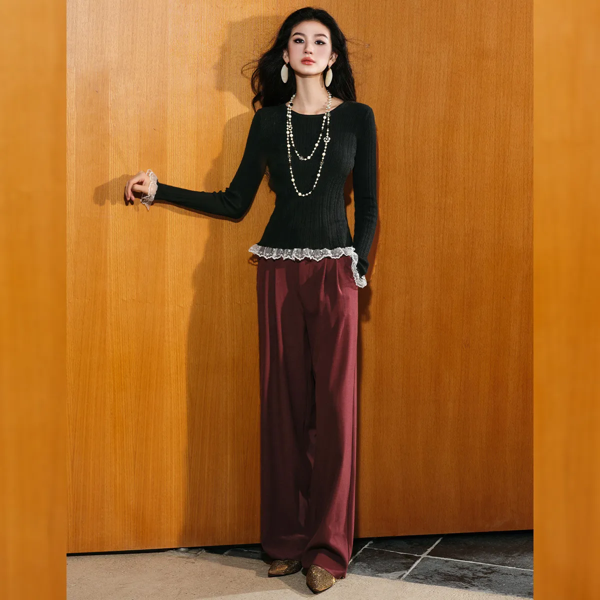 LOUIS YAO New Lace Contrast Color Long Sleeve Women's Knitted Pullovers 2025 Autumn Tops Knitwear Shirt Spliced Women's Sweater