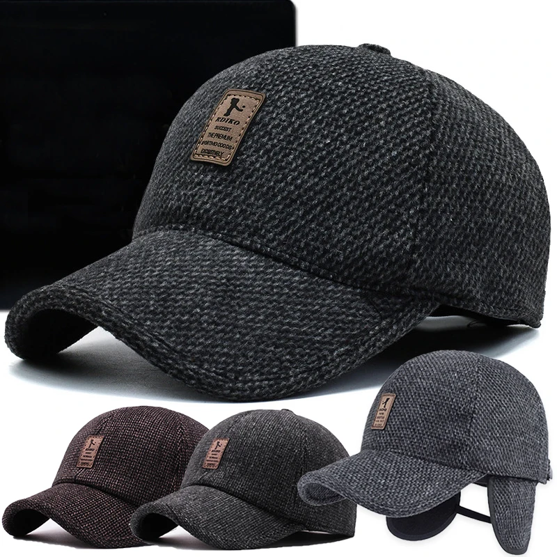 Winter Warm Dad Hat Men\'s Baseball Cap with Earflap Thicken Cotton Snapback Caps Ear Protection Windproof Knitted Hats for Men