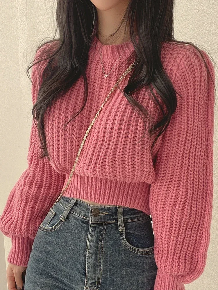 Pink Cropped Knitted Sweaters for Women 2024 Korean Fashion Loose Long Sleeve Jersey Woman Solid Color Wild Round Neck Pullover