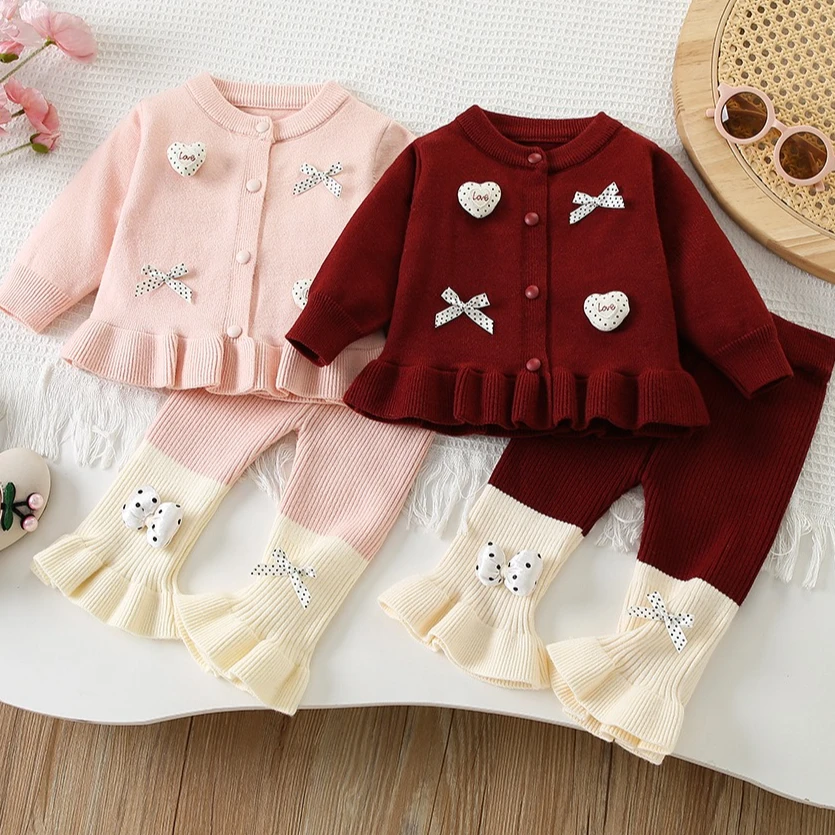 Girls' Suit 2026 Autumn/winter New Children's Wear Korean Style 3-24 Months Baby Cute Knitted Cardigan Leggings Two-piece Set